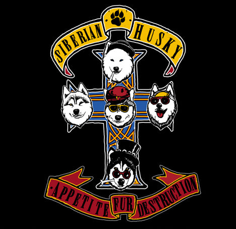 Huskies Rock Guns and Roses - Siberian Husky Art, Shirts, Pillows or Mugs