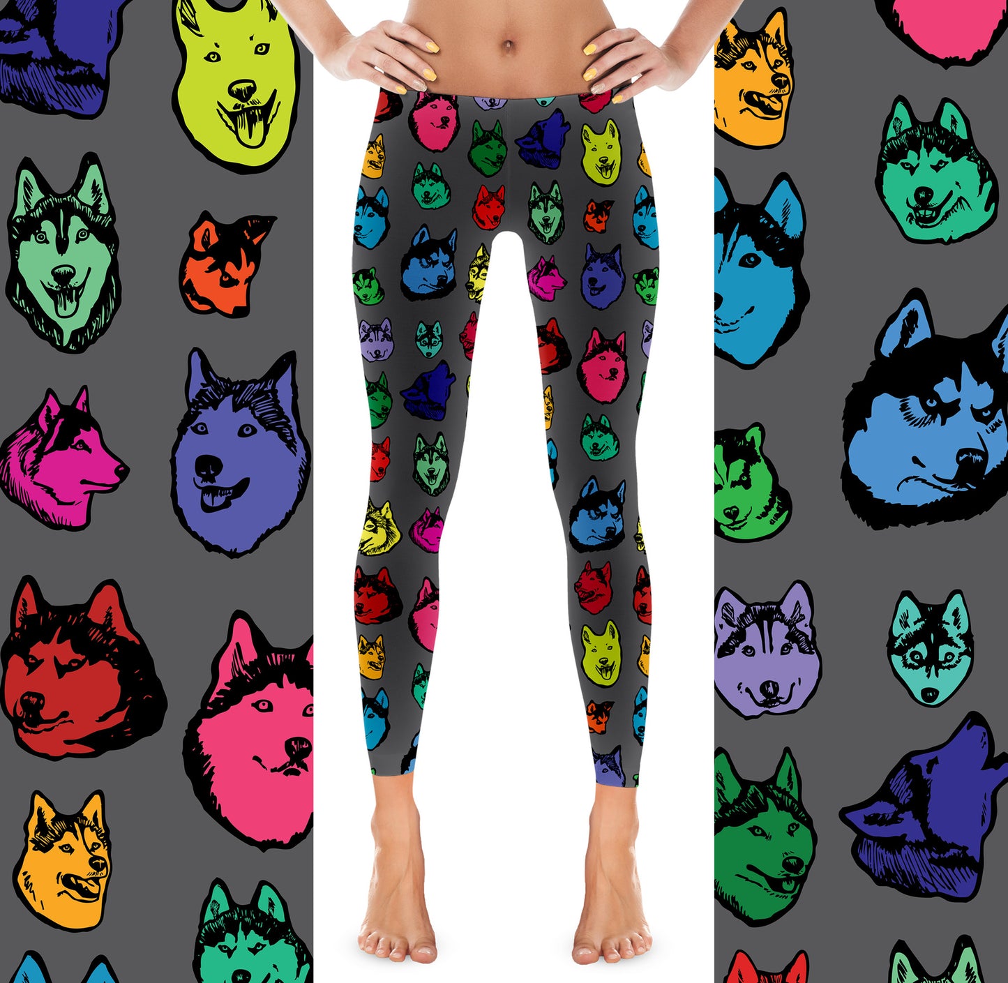 Siberian Husky Dog Art Illustration Pattern on Leggings - Colorful, Bright – Made in America