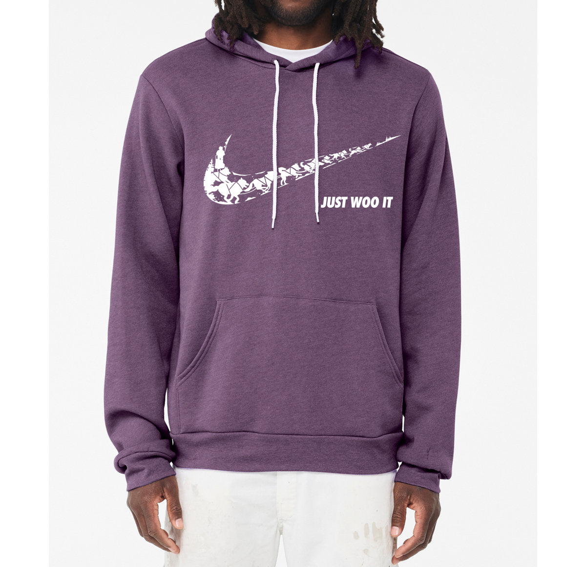Swoosh JUST WOO IT Parody - Sponge Fleece Hoodie - Siberian Husky - Alaskan Malamute - Sled Dog - Unisex