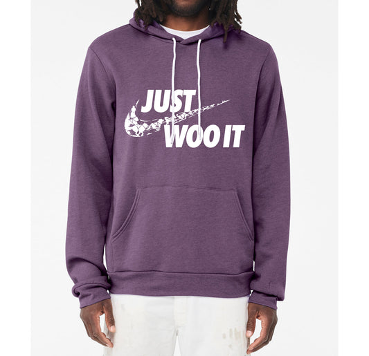 JUST WOO IT Swoosh Parody- Sponge Fleece Hoodie - Siberian Husky - Alaskan Malamute - Sled Dog - Unisex