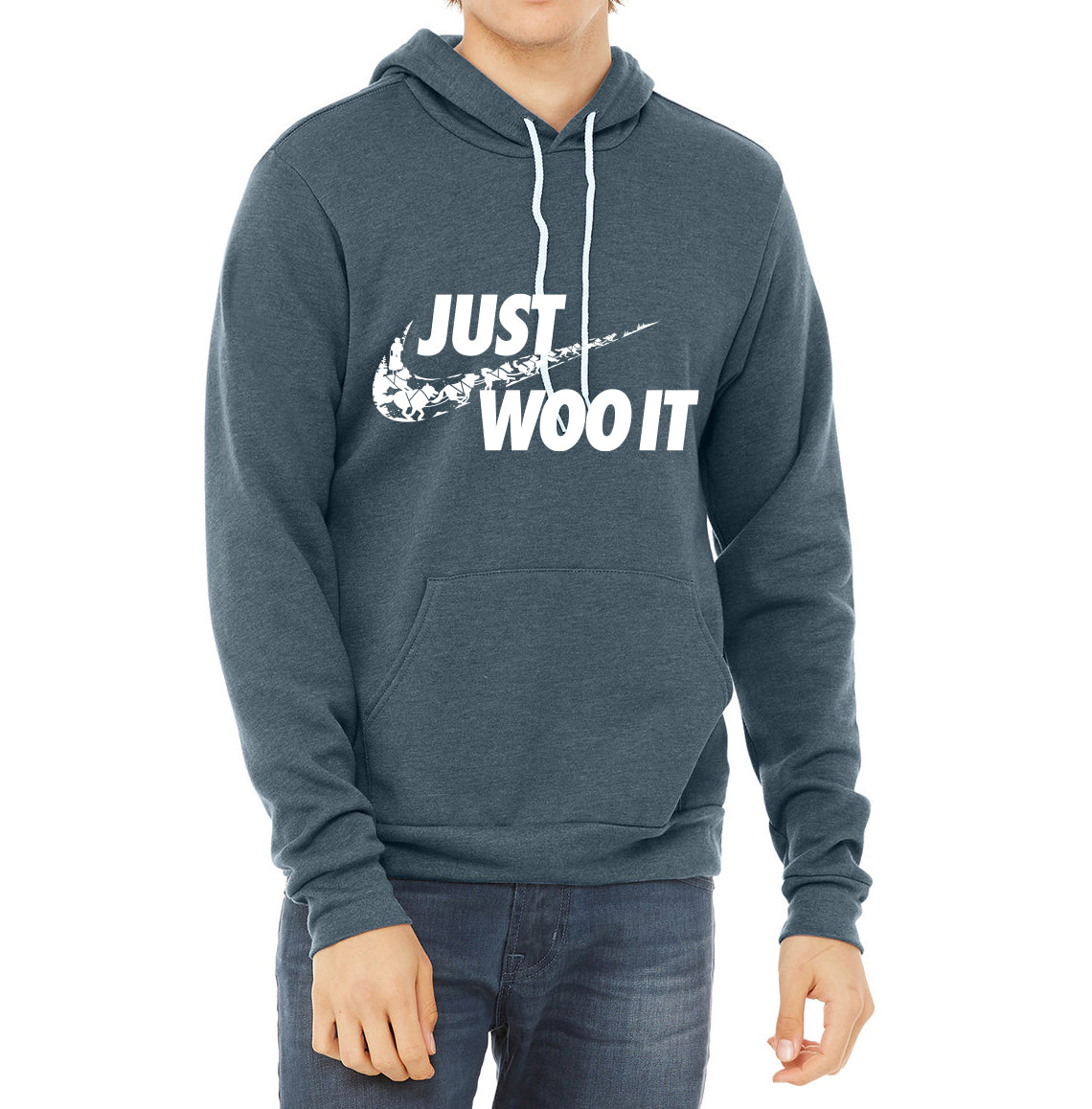 JUST WOO IT Swoosh Parody- Sponge Fleece Hoodie - Siberian Husky - Alaskan Malamute - Sled Dog - Unisex