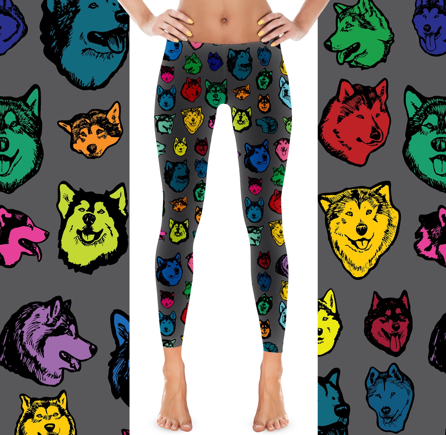 Alaskan Malamute Dog Art Illustration Pattern on Leggings - Colorful, Bright – Made in America