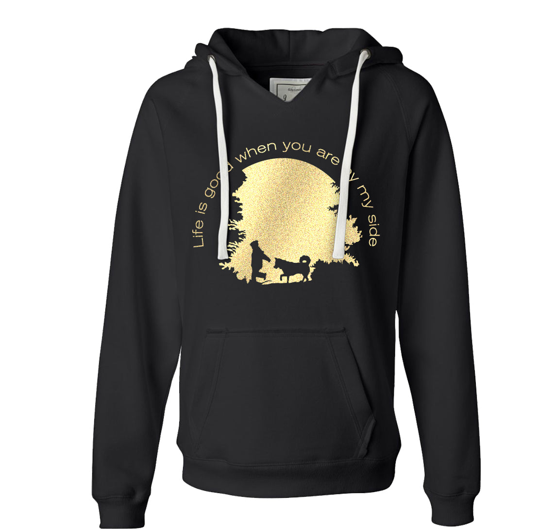 Life is Good When You Are By My Side - Metallic Print on Black Ladies VNeck Hoodie - Siberian Husky - Alaskan Malamute