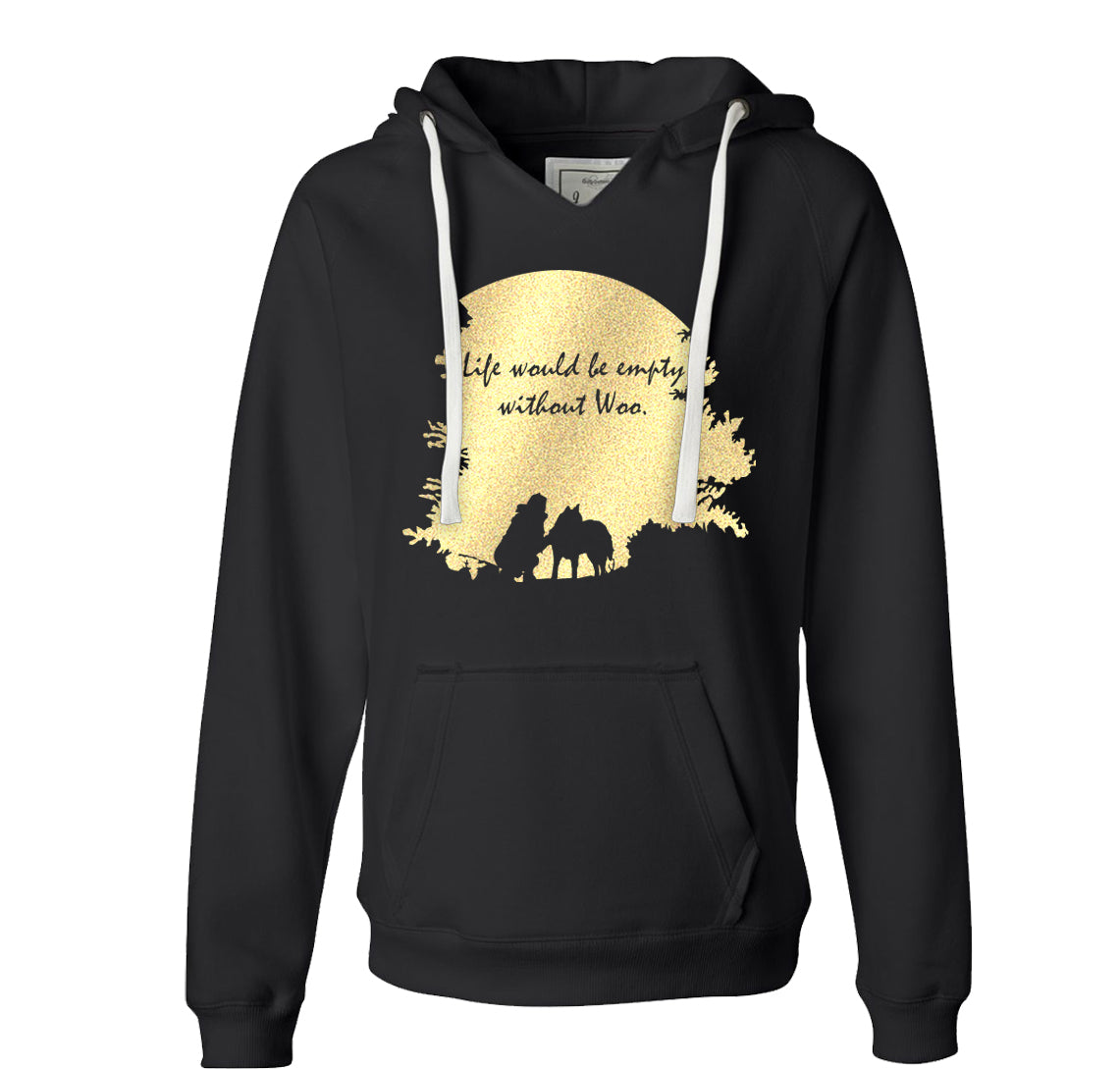 Life Would Be Empty Without Woo - Metallic Print on Black Ladies VNeck Hoodie - Siberian Husky - Alaskan Malamute