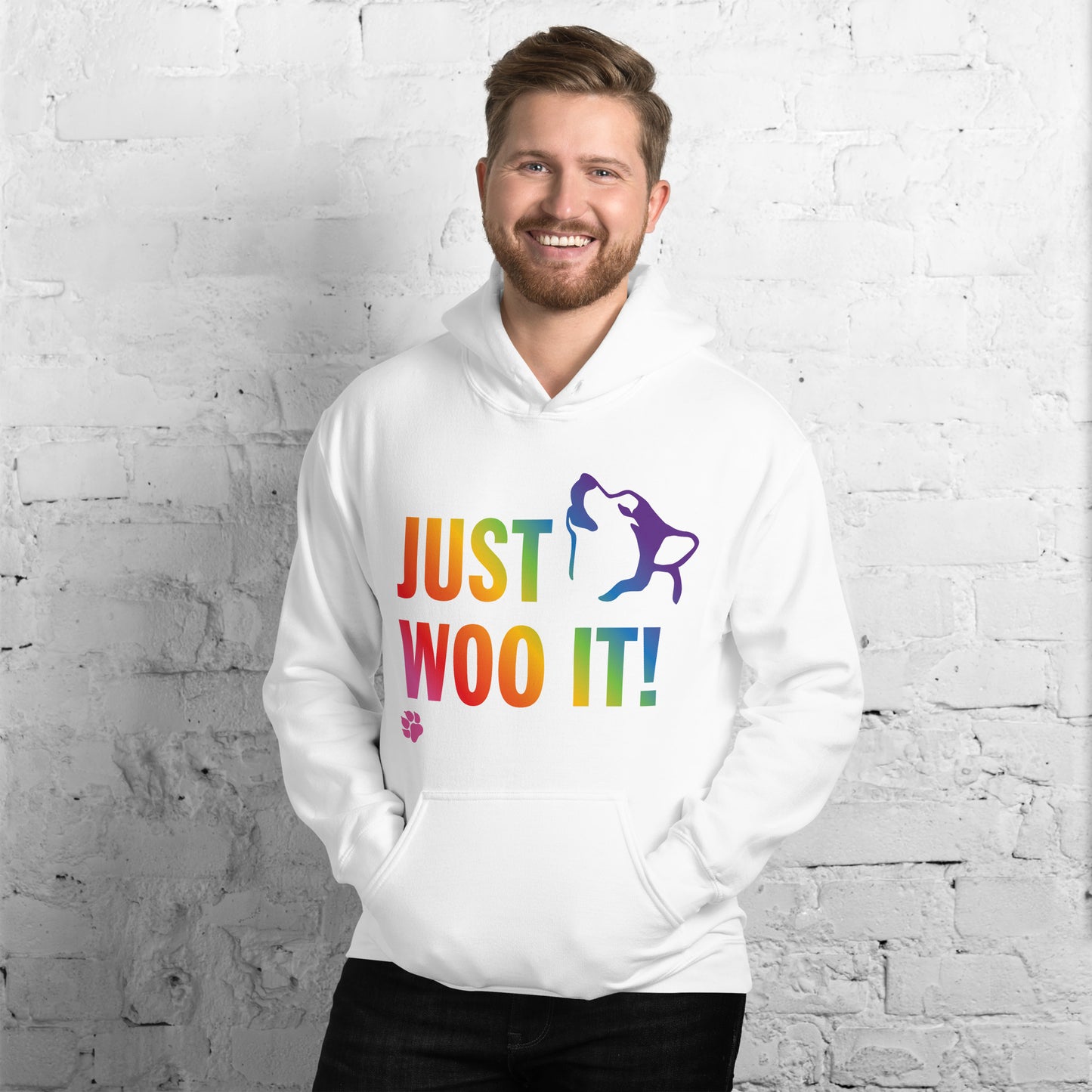 JUST WOO IT Rainbow - Alaskan Malamute, Siberian Husky, Sled Dog Pullover Hoodie
