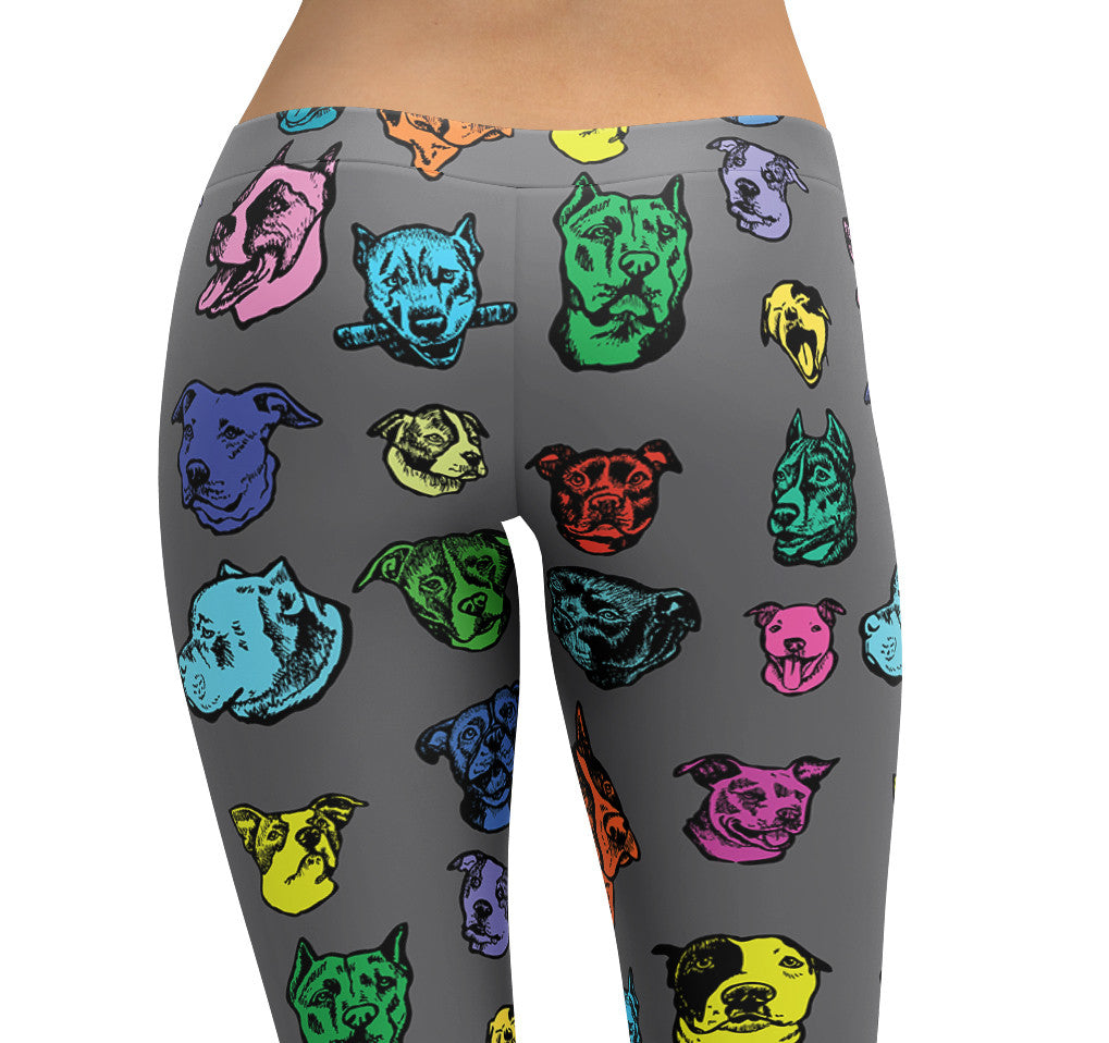 Pitbull Dog Art Illustration Pattern on Leggings - Colorful, Bright – Made in America