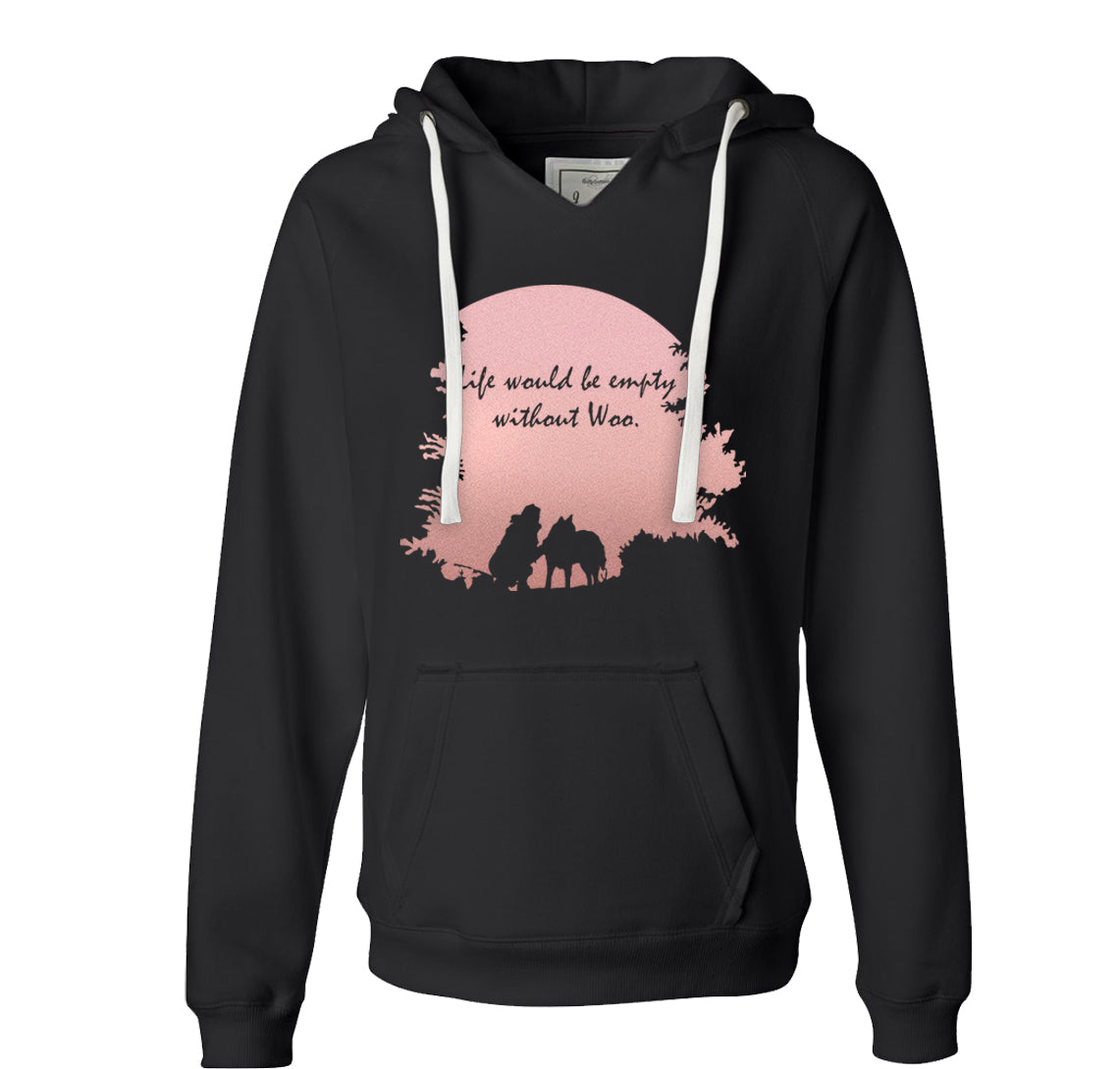 Life Would Be Empty Without Woo - Metallic Print on Black Ladies VNeck Hoodie - Siberian Husky - Alaskan Malamute