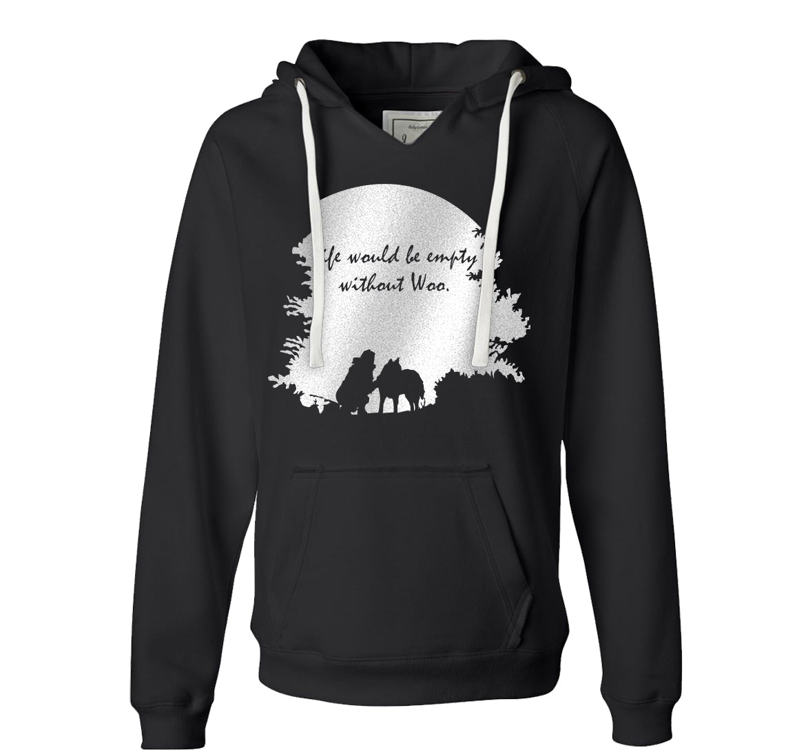 Life Would Be Empty Without Woo - Metallic Print on Black Ladies VNeck Hoodie - Siberian Husky - Alaskan Malamute