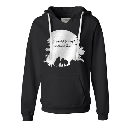 Life Would Be Empty Without Woo - Metallic Print on Black Ladies VNeck Hoodie - Siberian Husky - Alaskan Malamute