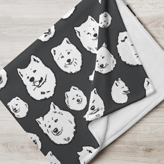 Illustrated Samoyed Faces Throw Blanket