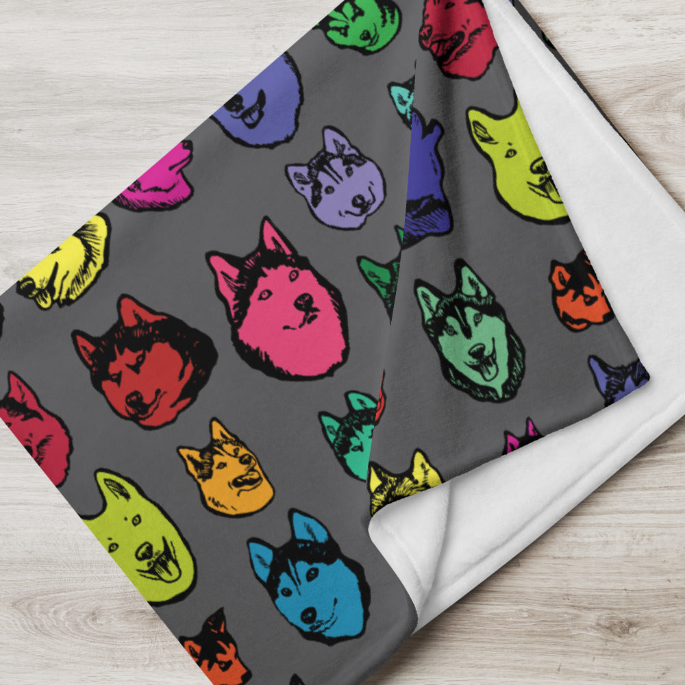 Siberian Husky Colorful Faces Throw Blanket