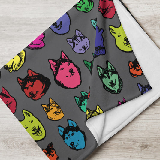 Siberian Husky Colorful Faces Throw Blanket