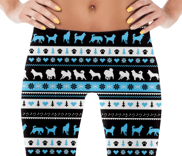 Siberian Husky & Alaskan Malamute Ugly Sweater Dog Photo Pattern on Leggings - Huskies – Made in America